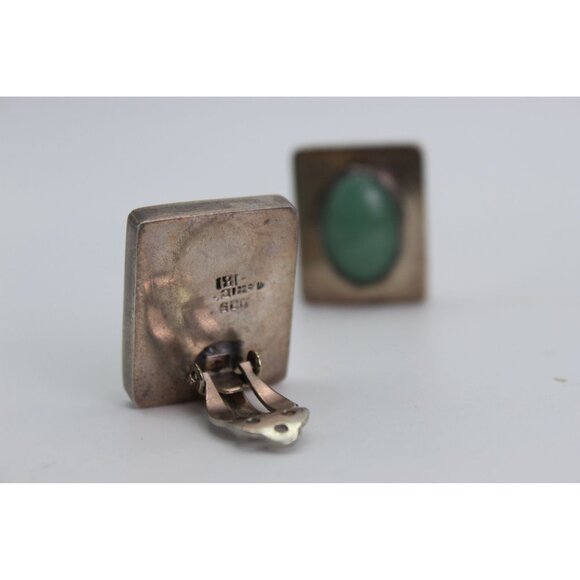 Taxco Sterling Silver Earrings, Green Stone Cabochons, Modernish Square, Clip On - Picture 6 of 11